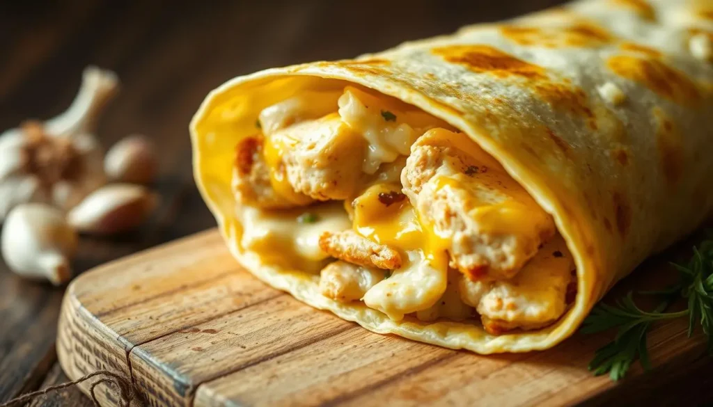 A close-up view of a freshly prepared cheesy garlic chicken wrap, with its golden-brown tortilla shell glistening under soft, natural lighting. The wrap's interior is generously filled with tender, juicy chicken pieces, melted mozzarella cheese, and roasted garlic cloves, creating a mouthwatering combination of flavors. The wrap is positioned on a rustic wooden board, with a few scattered garlic cloves and fresh herbs adding to the overall appetizing presentation. The image conveys a cozy, inviting atmosphere, perfectly showcasing the delectable "Cheesy Garlic Chicken Wraps" featured in the article. A-close-up-view-of-a-freshly-prepared-cheesy-garlic-chicken-wrap-with-its-golden-brown