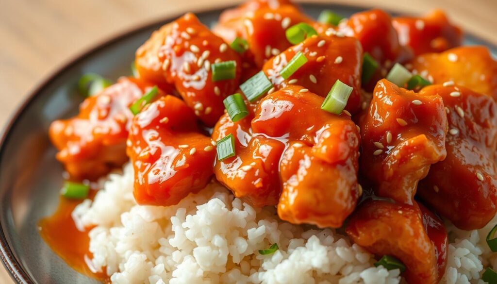 A close-up view of a plate of crispy, golden-brown chicken pieces, freshly cooked and glistening with a sticky, vibrant red-orange sauce. The chicken is served atop a bed of white rice, garnished with thinly sliced scallions and a sprinkle of sesame seeds. The sauce has a slightly thickened, glossy consistency, hinting at a balance of sweet, sour, and spicy flavors. The lighting is soft and warm, highlighting the textural contrast between the crispy chicken skin and the lush, inviting sauce. The composition places the dish as the focal point, with a blurred background suggesting a simple, minimalist setting, allowing the delicious-looking chicken to take center stage. A close-up view of a plate of crispy, golden-brown chicken pieces, freshly cooked and glistening with a sticky, vibrant red-orange sauce. The chicken is served atop a bed of white rice, garnished with thinly sliced scallions and a sprinkle of sesame seeds. The sauce has a slightly thickened, glossy consistency, hinting at a balance of sweet, sour, and spicy flavors. The lighting is soft and warm, highlighting the textural contrast between the crispy chicken skin and the lush, inviting sauce. The composition places the dish as the focal point, with a blurred background suggesting a simple, minimalist setting, allowing the delicious-looking chicken to take center stage.