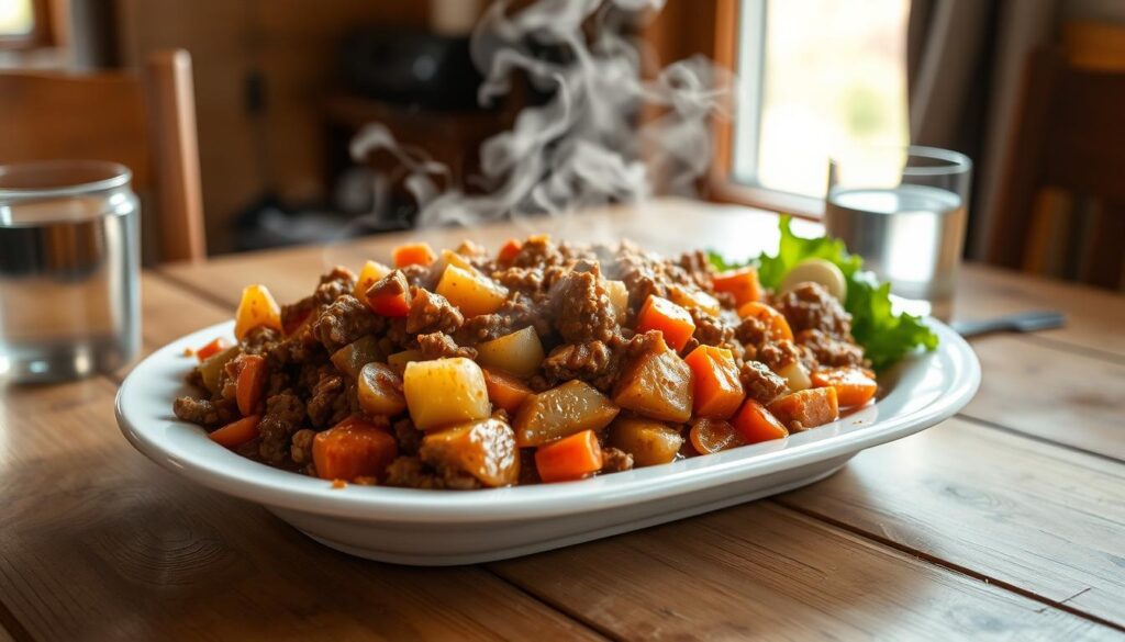 A comforting, homemade hobo casserole dish, fresh from the oven. The casserole is brimming with ground beef, potatoes, carrots, onions, and a rich, savory sauce. Wisps of steam rise from the bubbling, golden-brown surface, inviting the senses. The casserole is plated on a worn, wooden table, accompanied by a simple side salad and a glass of water. Soft, natural lighting from a nearby window illuminates the scene, creating a cozy, welcoming atmosphere. The overall impression is one of simple, hearty fare - the kind of dish that warms the soul and brings back memories of home. A comforting, homemade hobo casserole dish, fresh from the oven. The casserole is brimming with ground beef, potatoes, carrots, onions, and a rich, savory sauce. Wisps of steam rise from the bubbling, golden-brown surface, inviting the senses. The casserole is plated on a worn, wooden table, accompanied by a simple side salad and a glass of water. Soft, natural lighting from a nearby window illuminates the scene, creating a cozy, welcoming atmosphere. The overall impression is one of simple, hearty fare - the kind of dish that warms the soul and brings back memories of home.