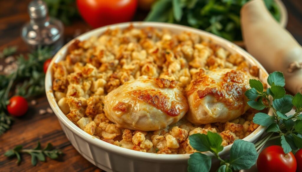 A cozy and inviting chicken casserole, with perfectly moist chicken nestled in a rich, creamy stuffing. The golden-brown, savory crust glistens under the warm, soft lighting, inviting you to dive in. In the background, fragrant herbs and spices add depth and complexity to the scene. The casserole dish is placed on a rustic wooden table, surrounded by fresh, vibrant vegetables, creating a homey, comforting atmosphere. The overall composition captures the essence of a beloved family dish, showcasing the comfort and nostalgia that chicken and stuffing casserole evokes. A cozy and inviting chicken casserole, with perfectly moist chicken nestled in a rich, creamy stuffing. The golden-brown, savory crust glistens under the warm, soft lighting, inviting you to dive in. In the background, fragrant herbs and spices add depth and complexity to the scene. The casserole dish is placed on a rustic wooden table, surrounded by fresh, vibrant vegetables, creating a homey, comforting atmosphere. The overall composition captures the essence of a beloved family dish, showcasing the comfort and nostalgia that chicken and stuffing casserole evokes.