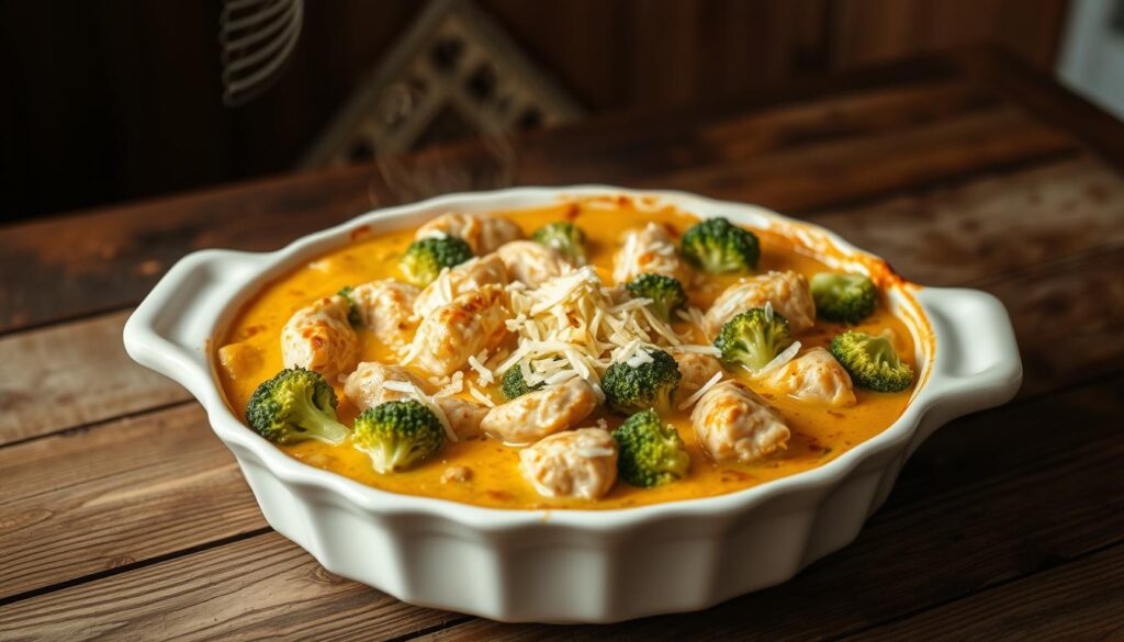 A cozy casserole dish sits on a rustic wooden table, steam gently rising from the golden-brown surface. Tender chicken pieces and fresh broccoli florets are nestled in a creamy, savory sauce, sprinkled with shredded cheese that melts invitingly. Warm lighting from above casts a comforting glow, while the casserole's ceramic edges add a homespun, homemade touch. The scene evokes a sense of comfort, nourishment, and the welcoming aroma of a freshly baked dish straight from the oven. A cozy casserole dish sits on a rustic wooden table, steam gently rising from the golden-brown surface. Tender chicken pieces and fresh broccoli florets are nestled in a creamy, savory sauce, sprinkled with shredded cheese that melts invitingly. Warm lighting from above casts a comforting glow, while the casserole's ceramic edges add a homespun, homemade touch. The scene evokes a sense of comfort, nourishment, and the welcoming aroma of a freshly baked dish straight from the oven.