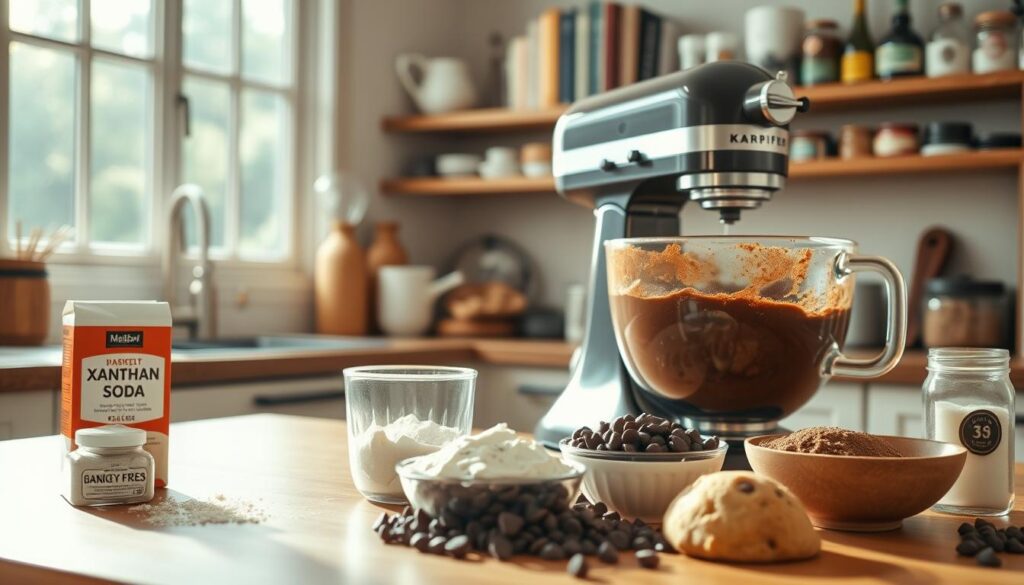 A cozy kitchen counter, bathed in warm, natural light from large windows. In the foreground, an array of gluten-free baking ingredients - flours, xanthan gum, baking soda, and chocolate chips - neatly arranged. In the middle ground, a stand mixer whirs, blending a rich, chocolatey batter. In the background, shelves of cookbooks and jars of spices lend an air of culinary expertise. The scene conveys a sense of careful, precise baking, with an attention to detail that ensures the perfect gluten-free chocolate chip cookie. A cozy kitchen counter, bathed in warm, natural light from large windows. In the foreground, an array of gluten-free baking ingredients - flours, xanthan gum, baking soda, and chocolate chips - neatly arranged. In the middle ground, a stand mixer whirs, blending a rich, chocolatey batter. In the background, shelves of cookbooks and jars of spices lend an air of culinary expertise. The scene conveys a sense of careful, precise baking, with an attention to detail that ensures the perfect gluten-free chocolate chip cookie.