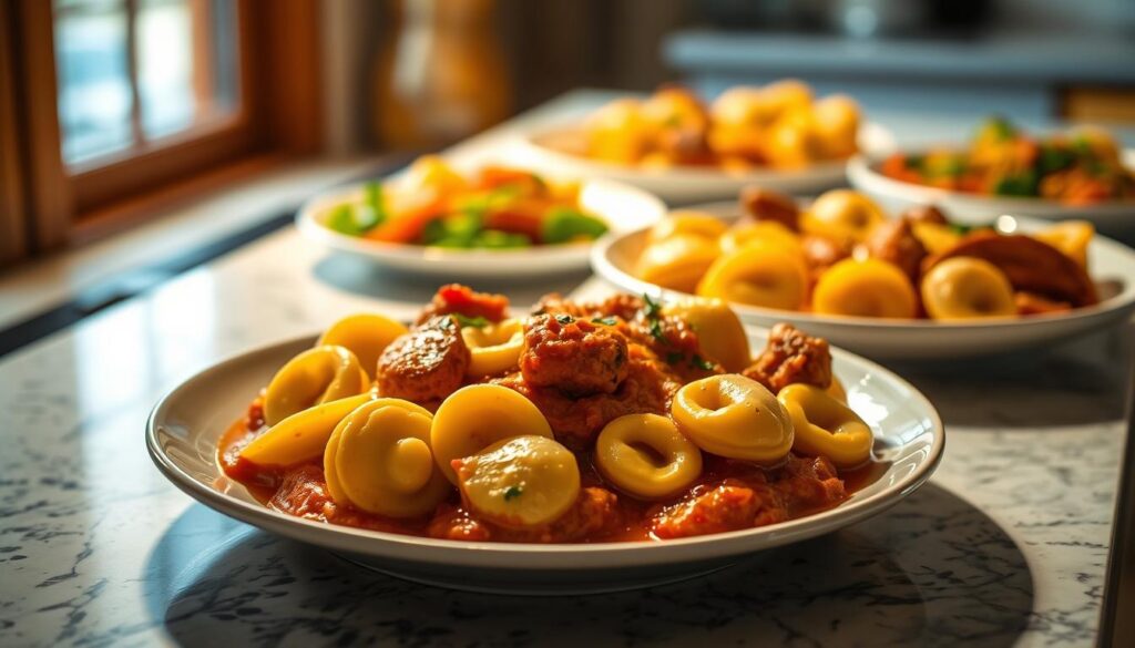 A cozy kitchen counter filled with a delectable array of freshly prepared tortellini dishes, bathed in a warm, inviting light. In the foreground, a plate showcases a generous serving of one-pan tortellini with sausage, the pasta pillows nestled in a rich, creamy sauce flecked with herbs. Behind it, a second plate displays an assortment of other tortellini recipes, each one a tempting comfort food option. The background features a softly blurred window, hinting at a peaceful, domestic scene beyond. The overall atmosphere is one of homely satisfaction and culinary delight, inviting the viewer to savor the hearty, satisfying flavors of this easy, yet impressive tortellini dish. A cozy kitchen counter filled with a delectable array of freshly prepared tortellini dishes, bathed in a warm, inviting light. In the foreground, a plate showcases a generous serving of one-pan tortellini with sausage, the pasta pillows nestled in a rich, creamy sauce flecked with herbs. Behind it, a second plate displays an assortment of other tortellini recipes, each one a tempting comfort food option. The background features a softly blurred window, hinting at a peaceful, domestic scene beyond. The overall atmosphere is one of homely satisfaction and culinary delight, inviting the viewer to savor the hearty, satisfying flavors of this easy, yet impressive tortellini dish.