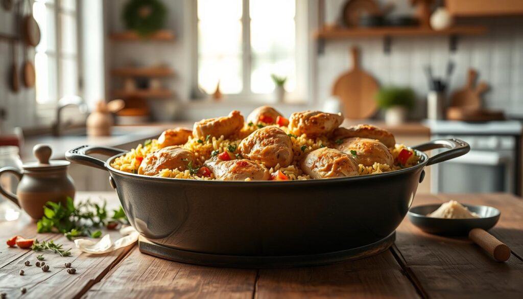 A cozy kitchen scene with a large one-pan dish filled with golden-brown chicken, fluffy rice, and vibrant vegetables, illuminated by soft, warm lighting. In the middle ground, the pan is placed on a rustic wooden table, surrounded by accompanying ingredients like herbs, spices, and a few simple kitchen tools. The background features a bright, airy space with natural light filtering in through a window, creating a welcoming and inviting atmosphere. The overall composition conveys the convenience, simplicity, and deliciousness of a one-pan chicken and rice bake. A cozy kitchen scene with a large one-pan dish filled with golden-brown chicken, fluffy rice, and vibrant vegetables, illuminated by soft, warm lighting. In the middle ground, the pan is placed on a rustic wooden table, surrounded by accompanying ingredients like herbs, spices, and a few simple kitchen tools. The background features a bright, airy space with natural light filtering in through a window, creating a welcoming and inviting atmosphere. The overall composition conveys the convenience, simplicity, and deliciousness of a one-pan chicken and rice bake.