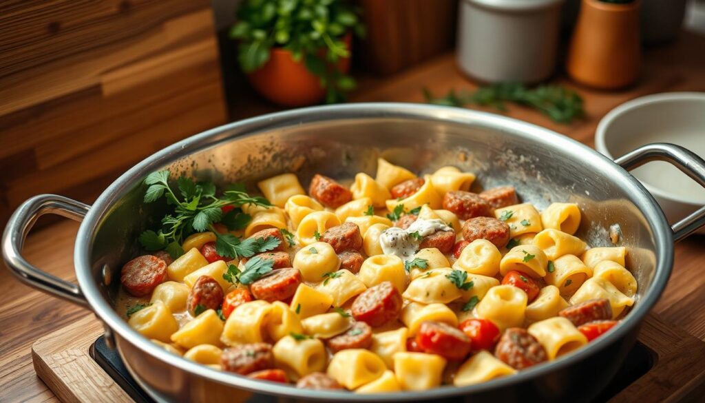 A cozy kitchen scene, with a large stainless steel pan taking center stage. The pan is filled with an array of ingredients - bite-sized pieces of tortellini pasta, spicy Italian sausage, fresh herbs, and a creamy sauce. The lighting is warm and inviting, casting a soft glow over the scene. In the background, a wooden cutting board and a few kitchen utensils add to the homey atmosphere. The overall composition is balanced, with the pan positioned at an angle to create a sense of depth and movement. The image captures the simplicity and convenience of a one-pan meal, perfect for busy weeknights or lazy weekends. A cozy kitchen scene, with a large stainless steel pan taking center stage. The pan is filled with an array of ingredients - bite-sized pieces of tortellini pasta, spicy Italian sausage, fresh herbs, and a creamy sauce. The lighting is warm and inviting, casting a soft glow over the scene. In the background, a wooden cutting board and a few kitchen utensils add to the homey atmosphere. The overall composition is balanced, with the pan positioned at an angle to create a sense of depth and movement. The image captures the simplicity and convenience of a one-pan meal, perfect for busy weeknights or lazy weekends.
