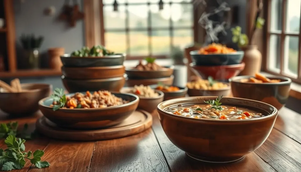 A cozy kitchen scene with a wooden table, a stack of bowls filled with various lentil dishes, fresh herbs, and a warm, soft lighting that creates an atmosphere of comfort and nourishment. In the foreground, a steaming bowl of hearty lentil soup, its rich, earthy aroma filling the air. In the middle ground, a variety of simple lentil-based recipes, such as a lentil and vegetable stew, a lentil and quinoa salad, and a lentil and sweet potato curry, all presented in an inviting and appetizing manner. The background showcases a window with a view of a serene, natural landscape, adding to the sense of tranquility and well-being. A-cozy-kitchen-scene-with-a-wooden-table-a-stack-of-bowls-filled-with-various-lentil-dishes