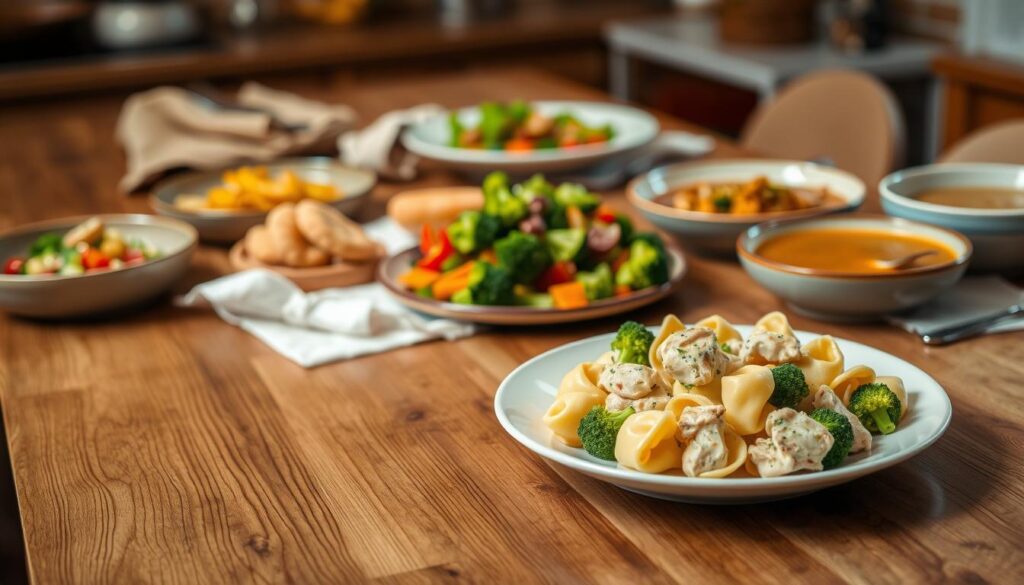 A cozy kitchen scene with a wooden table in the foreground, featuring a variety of quick and delicious dinner options. In the center, a plate of creamy, garlic-infused tortellini with tender chicken and vibrant broccoli florets. Surrounding it, a variety of other easy-to-prepare dishes like a fresh salad, roasted vegetables, and a hearty soup. Soft, natural lighting casts a warm glow, and the table is set with simple, rustic tableware. The atmosphere is relaxed and inviting, conveying the idea of a hassle-free, satisfying weeknight meal. A cozy kitchen scene with a wooden table in the foreground, featuring a variety of quick and delicious dinner options. In the center, a plate of creamy, garlic-infused tortellini with tender chicken and vibrant broccoli florets. Surrounding it, a variety of other easy-to-prepare dishes like a fresh salad, roasted vegetables, and a hearty soup. Soft, natural lighting casts a warm glow, and the table is set with simple, rustic tableware. The atmosphere is relaxed and inviting, conveying the idea of a hassle-free, satisfying weeknight meal.