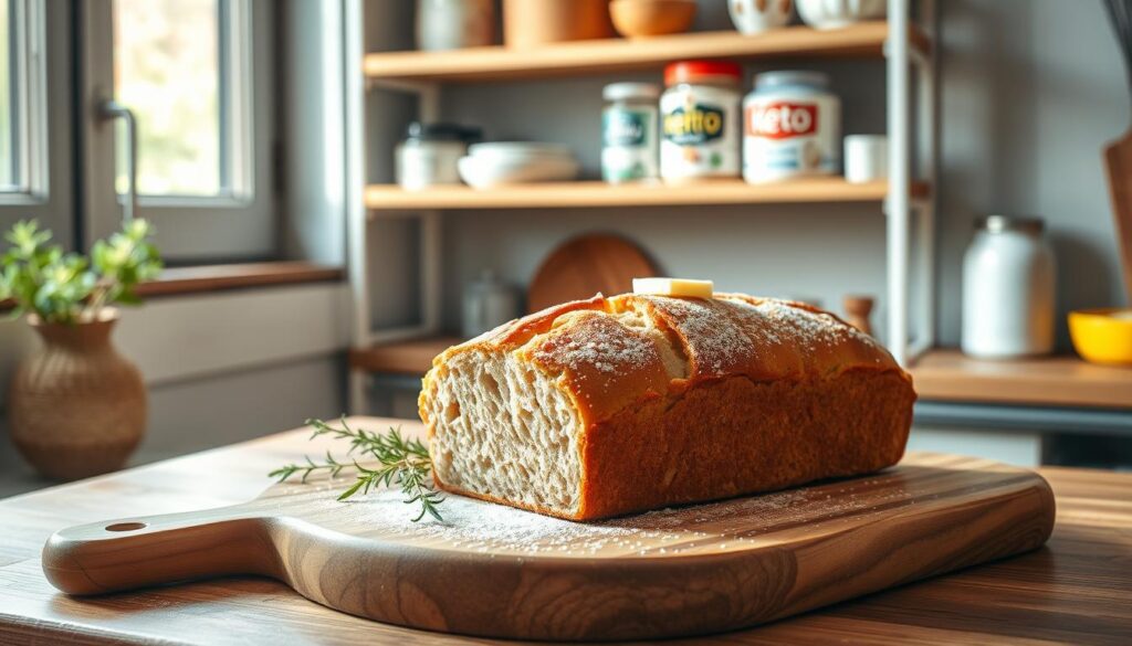 A cozy kitchen setting with a freshly baked keto-friendly almond flour bread loaf cooling on a wooden cutting board. Soft natural lighting streams in through a window, casting a warm glow on the golden-brown crust. Sprigs of fresh herbs, a pat of butter, and a dusting of powdered erythritol sweetener add rustic, artisanal touches. In the background, a minimalist open shelving unit displays various keto-approved baking ingredients like almond flour, coconut oil, and stevia. The overall atmosphere exudes a sense of wholesome, nutritious indulgence, inviting the viewer to imagine the delectable, low-carb delights of keto baking.