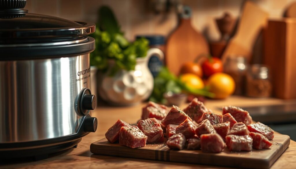 A cozy, well-lit kitchen countertop, with a slow cooker in the foreground, gently simmering and emitting savory aromas. In the middle ground, a selection of tender cube steak cuts, seasoned and ready for the long, slow cooking process. The background features a mix of fresh herbs, spices, and vegetables, hinting at the flavorful results to come. The lighting is warm and inviting, creating a sense of comfort and anticipation. The overall scene conveys the benefits of slow cooking - the patience, the depth of flavor, and the satisfaction of a perfectly tender, fall-apart cube steak dish. A cozy, well-lit kitchen countertop, with a slow cooker in the foreground, gently simmering and emitting savory aromas. In the middle ground, a selection of tender cube steak cuts, seasoned and ready for the long, slow cooking process. The background features a mix of fresh herbs, spices, and vegetables, hinting at the flavorful results to come. The lighting is warm and inviting, creating a sense of comfort and anticipation. The overall scene conveys the benefits of slow cooking - the patience, the depth of flavor, and the satisfaction of a perfectly tender, fall-apart cube steak dish.
