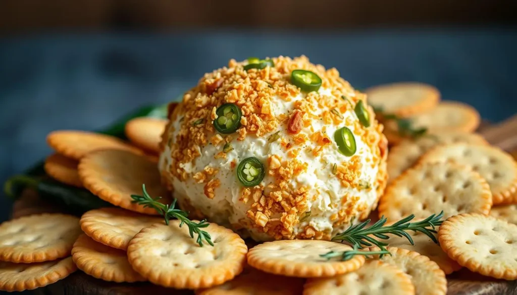 A creamy, golden-brown cheese ball with a crunchy, buttery exterior sits atop a wooden board, surrounded by crisp crackers and fresh sprigs of thyme. The ball's surface is dotted with finely diced jalapeños, adding a subtle heat and vibrant color. Soft lighting illuminates the scene, casting a warm, inviting glow. The composition is balanced, with the cheese ball as the focal point, drawing the eye to its irresistible texture and flavor. This appetizing display perfectly captures the essence of a homemade, mouthwatering jalapeño popper cheese ball, beckoning you to dive in and savor its irresistible combination of rich, creamy cheese and the tantalizing kick of jalapeños. A-creamy-golden-brown-cheese-ball-with-a-crunchy-buttery-exterior-sits-atop-a-wooden-board