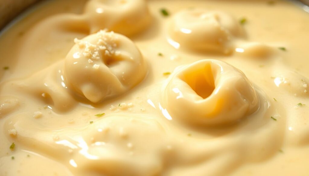 A creamy, luscious garlic parmesan sauce, glistening with a silky, rich texture. In the foreground, the sauce swirls and pools, its ivory hue accented by the gentle shimmer of freshly grated parmesan and minced garlic. The middle ground reveals a plump, al dente tortellini, its pasta shell a soft, golden-brown. Soft, natural lighting bathes the scene, casting a warm, inviting glow and creating shadows that accentuate the sauce's velvety smoothness. The background fades into a subtly blurred, neutral tone, allowing the sauce and tortellini to take center stage and captivate the senses. A creamy, luscious garlic parmesan sauce, glistening with a silky, rich texture. In the foreground, the sauce swirls and pools, its ivory hue accented by the gentle shimmer of freshly grated parmesan and minced garlic. The middle ground reveals a plump, al dente tortellini, its pasta shell a soft, golden-brown. Soft, natural lighting bathes the scene, casting a warm, inviting glow and creating shadows that accentuate the sauce's velvety smoothness. The background fades into a subtly blurred, neutral tone, allowing the sauce and tortellini to take center stage and captivate the senses.