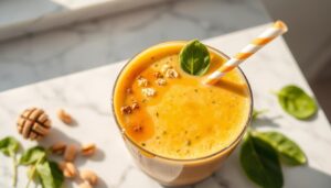 A creamy, protein-rich smoothie sits atop a white marble countertop, bathed in warm, natural light. The blend is a vibrant yellow-orange hue, flecked with specks of dark brown peanut butter and flecks of green from fresh spinach leaves. Thick in texture, the smoothie is garnished with a drizzle of honey, a scattering of chopped peanuts, and a single straw that invites the viewer to take a satisfying sip. The composition is crisp, well-balanced, and captures the essence of a nutritious, high-protein treat.