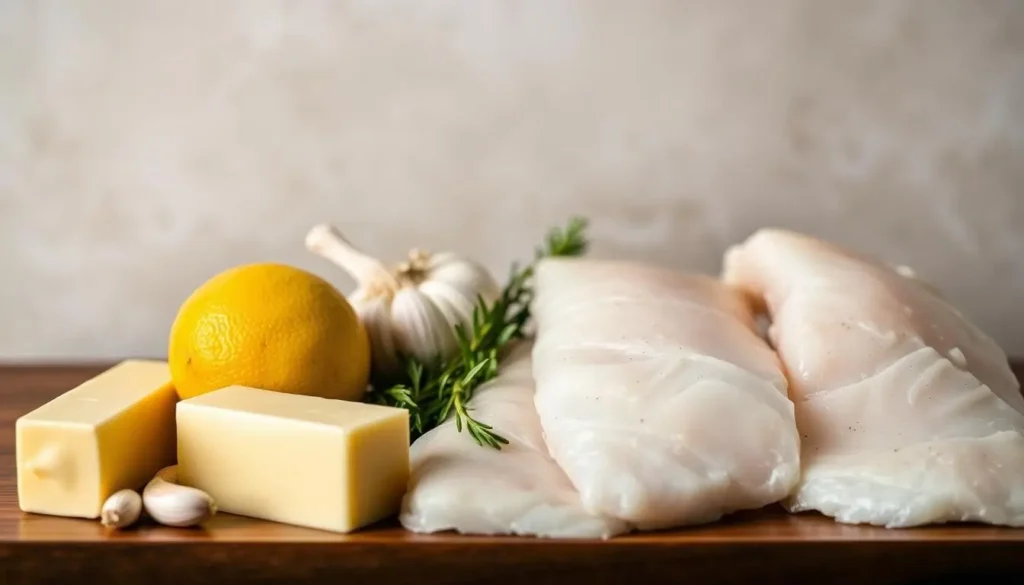 A crisp, natural-looking still life featuring the essential ingredients for garlic butter baked cod: fresh cod fillets, a head of garlic, a lemon, and a stick of butter. The arrangement is set against a neutral, slightly textured background, emphasizing the colors and textures of the ingredients. Soft, even lighting from the side accentuates the details, while a shallow depth of field keeps the focus on the main elements. The overall mood is simple, rustic, and appetizing, conveying the straightforward nature of the dish. A-crisp-natural-looking-still-life-featuring-the-essential-ingredients-for-garlic-butter-baked