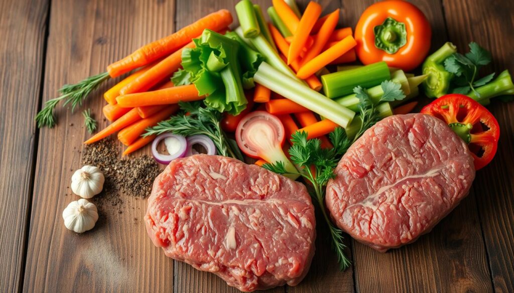 A crisp, well-lit overhead shot of a rustic wooden table showcasing a selection of fresh, high-quality ground beef ingredients. In the foreground, a stack of lean, tender ground beef sits next to a selection of aromatic spices and herbs, including garlic, onion, and thyme. In the middle ground, a vibrant array of sliced vegetables, such as carrots, celery, and bell peppers, are neatly arranged. The background features a simple, clean backdrop, allowing the rich, earthy tones of the ingredients to take center stage. The overall composition exudes a sense of culinary expertise and the promise of a delectable, nourishing ground beef dish. A crisp, well-lit overhead shot of a rustic wooden table showcasing a selection of fresh, high-quality ground beef ingredients. In the foreground, a stack of lean, tender ground beef sits next to a selection of aromatic spices and herbs, including garlic, onion, and thyme. In the middle ground, a vibrant array of sliced vegetables, such as carrots, celery, and bell peppers, are neatly arranged. The background features a simple, clean backdrop, allowing the rich, earthy tones of the ingredients to take center stage. The overall composition exudes a sense of culinary expertise and the promise of a delectable, nourishing ground beef dish.