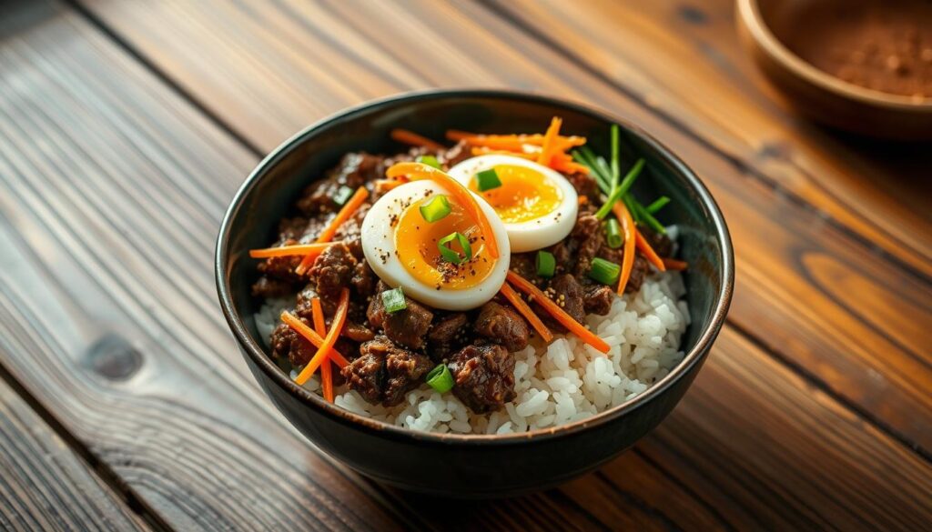 A delectable Korean-inspired ground beef and rice bowl, gracefully presented on a rustic wooden table. The aromatic beef, seasoned with soy sauce, garlic, and ginger, simmers atop a bed of fluffy white rice. Vibrant julienned carrots, crisp scallions, and a soft-boiled egg add layers of texture and flavor. Warm, natural lighting casts a soft glow, while a shallow depth of field highlights the enticing dish. The composition is balanced, inviting the viewer to savor the authentic and comforting experience of this classic Korean comfort food. A delectable Korean-inspired ground beef and rice bowl, gracefully presented on a rustic wooden table. The aromatic beef, seasoned with soy sauce, garlic, and ginger, simmers atop a bed of fluffy white rice. Vibrant julienned carrots, crisp scallions, and a soft-boiled egg add layers of texture and flavor. Warm, natural lighting casts a soft glow, while a shallow depth of field highlights the enticing dish. The composition is balanced, inviting the viewer to savor the authentic and comforting experience of this classic Korean comfort food.
