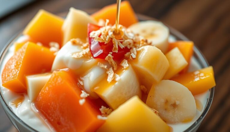 A delectable Mexican dessert, "Bionicos" features a colorful medley of fresh tropical fruits nestled in a creamy, tangy yogurt-based base. Captured in a vibrant, close-up shot, the bionicos dish showcases an array of sliced papaya, pineapple, banana, and mango, accented by a drizzle of sweet honey and a sprinkle of toasted coconut shreds. The lighting is soft and natural, highlighting the luscious textures and vivid hues of the ingredients. The composition draws the viewer's eye to the center of the frame, inviting them to savor the refreshing, subtly spiced flavors of this beloved Mexican treat.