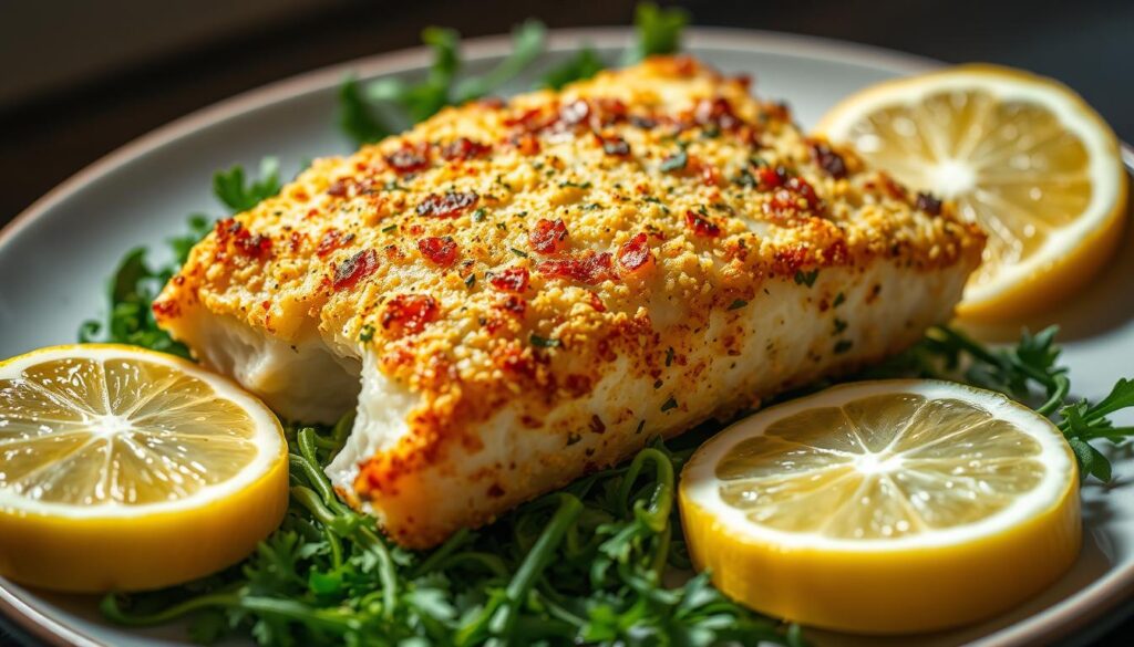 A delectable Parmesan-crusted cod filet sizzles under the warm glow of a golden-brown crust, its flaky white flesh peeking through the crisp exterior. The fish rests atop a bed of vibrant green herbs, their verdant hues providing a lush contrast to the rich, creamy Parmesan coating. Lemon wedges, their bright yellow skins glistening, are artfully arranged around the plate, promising a zesty burst of flavor to complement the savory dish. Soft, diffused lighting casts a gentle, appetizing atmosphere, drawing the viewer's eye to the tempting centerpiece. This meticulously prepared Parmesan crusted cod is a testament to the intersection of simplicity and sophistication, a mouthwatering representation of the protein-rich recipe.