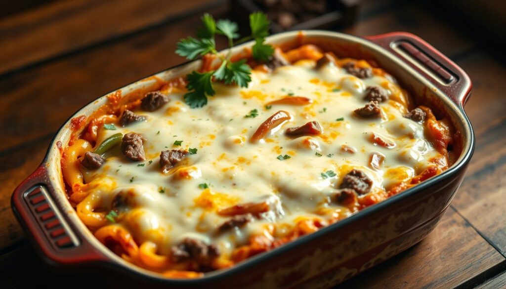 A delectable Philly cheesesteak casserole, fresh from the oven, steaming with melted provolone, thinly sliced steak, sautéed bell peppers, and onions. The casserole dish is set on a rustic wooden table, illuminated by warm, natural lighting that casts a cozy, homemade atmosphere. The dish is garnished with fresh parsley, adding a touch of vibrant green. The casserole's surface is golden and bubbly, inviting the viewer to dive in and savor the comforting flavors of this classic Philadelphia dish. A delectable Philly cheesesteak casserole, fresh from the oven, steaming with melted provolone, thinly sliced steak, sautéed bell peppers, and onions. The casserole dish is set on a rustic wooden table, illuminated by warm, natural lighting that casts a cozy, homemade atmosphere. The dish is garnished with fresh parsley, adding a touch of vibrant green. The casserole's surface is golden and bubbly, inviting the viewer to dive in and savor the comforting flavors of this classic Philadelphia dish.