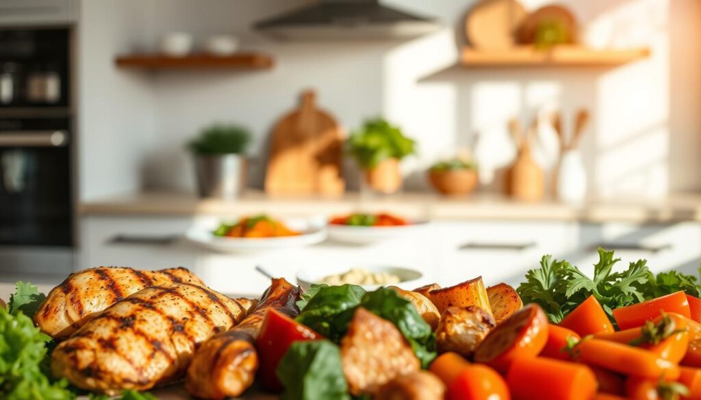 A delectable array of nutritious low-carb dinner recipes, captured in a beautifully lit, minimalist kitchen setting. In the foreground, an assortment of fresh, vibrant ingredients like grilled chicken, roasted vegetables, and leafy greens. The middle ground showcases neatly arranged dishes, their colors and textures a testament to the health and flavor of low-carb cooking. The background is a serene, natural-lit space, with clean lines and a calming atmosphere, emphasizing the simplicity and wellness-focused nature of these recipes. Subtle shadows and a warm, inviting color palette create a sense of balance and wholesome appeal, reflecting the benefits of a low-carb lifestyle. A delectable array of nutritious low-carb dinner recipes, captured in a beautifully lit, minimalist kitchen setting. In the foreground, an assortment of fresh, vibrant ingredients like grilled chicken, roasted vegetables, and leafy greens. The middle ground showcases neatly arranged dishes, their colors and textures a testament to the health and flavor of low-carb cooking. The background is a serene, natural-lit space, with clean lines and a calming atmosphere, emphasizing the simplicity and wellness-focused nature of these recipes. Subtle shadows and a warm, inviting color palette create a sense of balance and wholesome appeal, reflecting the benefits of a low-carb lifestyle.