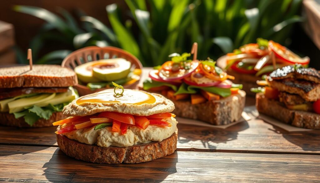 A delectable array of vegan sandwiches rests atop a rustic wooden table, bathed in warm, natural light. In the foreground, a hearty hummus-filled sandwich on artisanal whole-grain bread takes center stage, adorned with crisp veggies and a drizzle of olive oil. Surrounding it, an assortment of vibrant, plant-based creations - a classic avocado toast, a savory roasted vegetable sandwich, and a tantalizing tempeh "BLT" - all expertly crafted to showcase the versatility and flavor of vegan cuisine. The mid-ground features a lush, verdant backdrop, hinting at the fresh, wholesome ingredients used. Captured with a wide-angle lens, the composition invites the viewer to savor the mouthwatering details and imagine the satisfying textures and flavors of these artful vegan sandwiches.