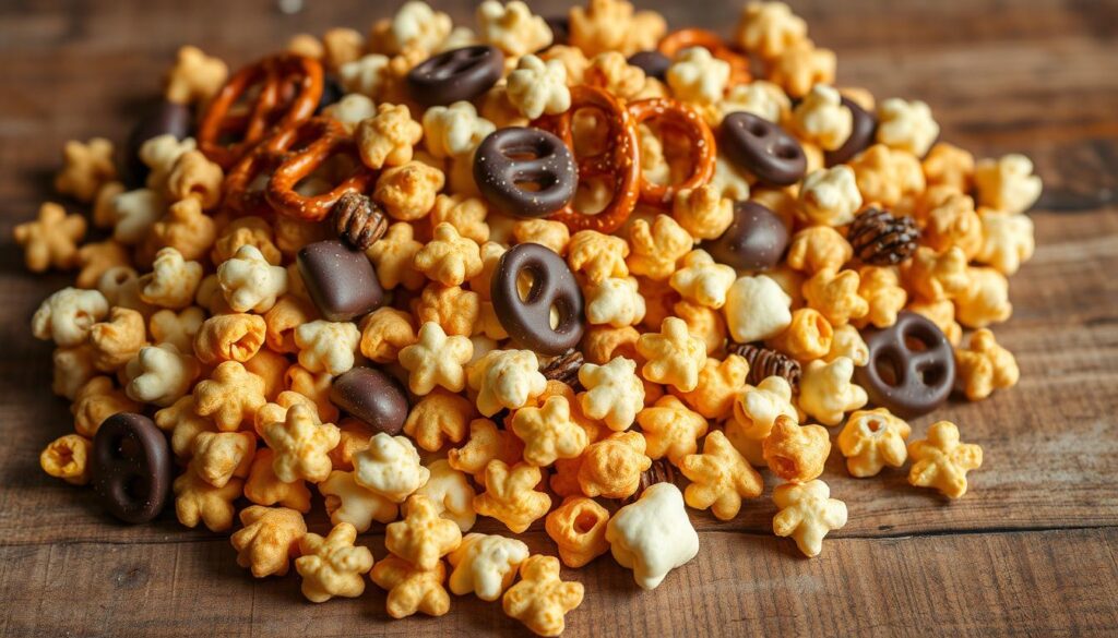 A delectable assortment of sweet and salty snacks artfully arranged on a rustic wooden surface, bathed in warm, natural lighting. Crunchy puffed corn kernels, lightly dusted with a blend of savory seasonings, intermingle with decadent dark chocolate-dipped pretzels and caramelized, buttery popcorn. The interplay of textures and flavors creates a harmonious and irresistible snack mix, evoking a sense of indulgence and balance. Showcased against a subtle background, emphasizing the intricate details and the tempting appeal of this delightful treat. A delectable assortment of sweet and salty snacks artfully arranged on a rustic wooden surface, bathed in warm, natural lighting. Crunchy puffed corn kernels, lightly dusted with a blend of savory seasonings, intermingle with decadent dark chocolate-dipped pretzels and caramelized, buttery popcorn. The interplay of textures and flavors creates a harmonious and irresistible snack mix, evoking a sense of indulgence and balance. Showcased against a subtle background, emphasizing the intricate details and the tempting appeal of this delightful treat.