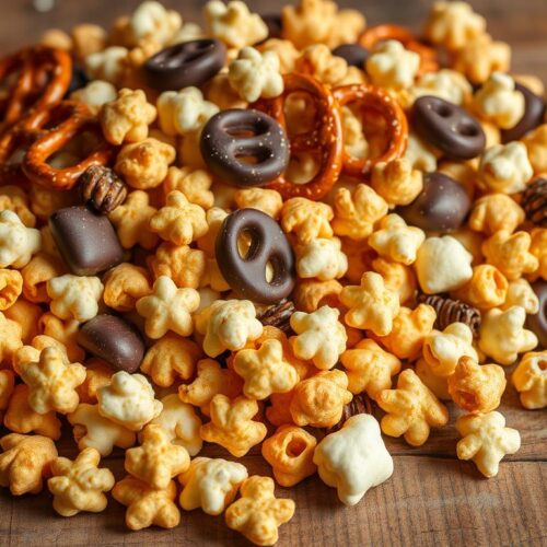 A delectable assortment of sweet and salty snacks artfully arranged on a rustic wooden surface, bathed in warm, natural lighting. Crunchy puffed corn kernels, lightly dusted with a blend of savory seasonings, intermingle with decadent dark chocolate-dipped pretzels and caramelized, buttery popcorn. The interplay of textures and flavors creates a harmonious and irresistible snack mix, evoking a sense of indulgence and balance. Showcased against a subtle background, emphasizing the intricate details and the tempting appeal of this delightful treat.