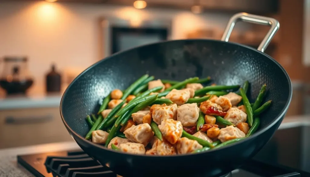A delectable chicken and green bean stir fry sizzling in a wok, set against a softly blurred backdrop of a modern, minimalist kitchen. Vibrant green beans and tender chicken breast morsels mingle with aromatic garlic, ginger, and soy sauce, creating an enticing visual feast. Warm, golden lighting casts a cozy glow, accentuating the dish's alluring colors and textures. The composition emphasizes the dish's harmony and balance, drawing the viewer's eye to the appetizing centerpiece. A sense of freshness, health, and culinary expertise pervades the scene, inviting the viewer to imagine the satisfying flavors and textures of this wholesome, flavorful stir fry. A-delectable-chicken-and-green-bean-stir-fry-sizzling-in-a-wok-set-against-a-softly-blurred
