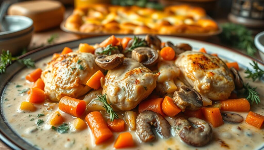 A delectable chicken casserole, the centerpiece of a cozy dinner table. In the foreground, succulent chicken thighs and breasts nestled among a medley of vibrant vegetables - tender carrots, aromatic onions, and earthy mushrooms. The middle ground showcases a creamy, indulgent sauce, infused with the rich flavors of sour cream, cheddar cheese, and fragrant herbs. In the background, a golden-brown baked crust, crisp and inviting, beckons the hungry diner. The scene is bathed in warm, soft lighting, creating a comforting and appetizing atmosphere. Captured with a wide-angle lens to showcase the hearty, homemade nature of this easy, family-friendly meal. A delectable chicken casserole, the centerpiece of a cozy dinner table. In the foreground, succulent chicken thighs and breasts nestled among a medley of vibrant vegetables - tender carrots, aromatic onions, and earthy mushrooms. The middle ground showcases a creamy, indulgent sauce, infused with the rich flavors of sour cream, cheddar cheese, and fragrant herbs. In the background, a golden-brown baked crust, crisp and inviting, beckons the hungry diner. The scene is bathed in warm, soft lighting, creating a comforting and appetizing atmosphere. Captured with a wide-angle lens to showcase the hearty, homemade nature of this easy, family-friendly meal.