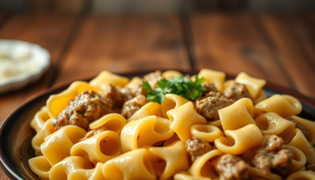 A delectable dish of creamy beef and bowtie pasta, captured in a soft, warm-toned photograph. In the foreground, al dente bowtie pasta noodles, coated in a rich, velvety cream sauce, intertwined with tender, juicy beef morsels. The middle ground features a subtle garnish of freshly chopped parsley, adding a touch of vibrant green. The background depicts a rustic wooden table, bathed in soft, diffused lighting, creating a cozy, inviting atmosphere. The overall composition evokes a sense of comfort and indulgence, perfectly capturing the essence of the "Creamy Beef and Bowtie Pasta" dish. A delectable dish of creamy beef and bowtie pasta, captured in a soft, warm-toned photograph. In the foreground, al dente bowtie pasta noodles, coated in a rich, velvety cream sauce, intertwined with tender, juicy beef morsels. The middle ground features a subtle garnish of freshly chopped parsley, adding a touch of vibrant green. The background depicts a rustic wooden table, bathed in soft, diffused lighting, creating a cozy, inviting atmosphere. The overall composition evokes a sense of comfort and indulgence, perfectly capturing the essence of the "Creamy Beef and Bowtie Pasta" dish.