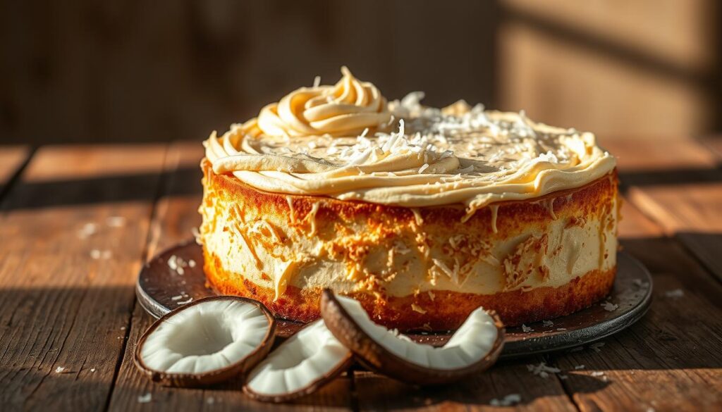 A delectable keto coconut cake resting on a rustic wooden surface, artfully lit from the side to cast warm shadows and highlights. The cake's luscious, creamy frosting is gently sculpted with swirls and peaks, dusted with a light sprinkling of shredded coconut. In the foreground, a few fresh coconut slices are arranged, their translucent flesh contrasting with the cake's rich, golden hue. The background is softly blurred, drawing the viewer's focus to the centerpiece - a healthful, indulgent treat that embodies the essence of a keto-friendly dessert. A delectable keto coconut cake resting on a rustic wooden surface, artfully lit from the side to cast warm shadows and highlights. The cake's luscious, creamy frosting is gently sculpted with swirls and peaks, dusted with a light sprinkling of shredded coconut. In the foreground, a few fresh coconut slices are arranged, their translucent flesh contrasting with the cake's rich, golden hue. The background is softly blurred, drawing the viewer's focus to the centerpiece - a healthful, indulgent treat that embodies the essence of a keto-friendly dessert.