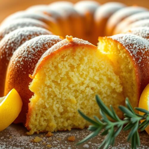 A delectable keto lemon pound cake, its golden crust gleaming under warm studio lighting. The cake's moist crumb, flecked with vibrant lemon zest, takes center stage, surrounded by a delicate arrangement of lemon slices, fresh sprigs of thyme, and a dusting of powdered erythritol. The composition is shot from a low angle, emphasizing the cake's rich, velvety texture and the sophisticated flavors that embody the essence of a keto-friendly dessert.