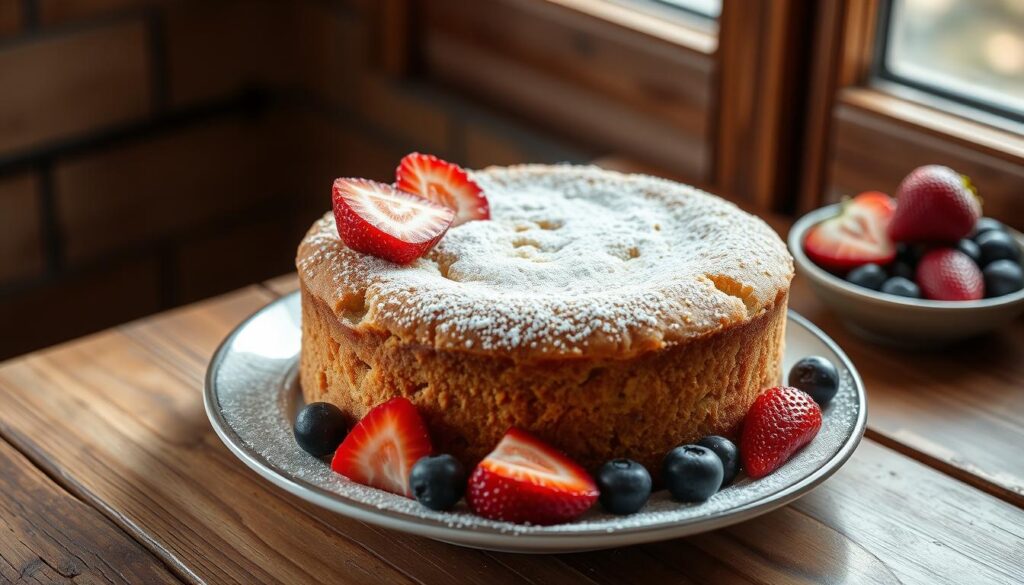 A delectable keto yogurt cake, freshly baked with a golden-brown crust, sits atop a rustic wooden table. The cake's moist, crumbly texture is accentuated by a light dusting of powdered erythritol. Sliced strawberries and blueberries adorn the plate, their vibrant colors contrasting with the cake's neutral tones. Soft, natural lighting emanates from a window, casting a warm glow over the scene. The atmosphere exudes a sense of healthful indulgence, inviting the viewer to savor the keto-friendly dessert's delicious and nourishing qualities. A delectable keto yogurt cake, freshly baked with a golden-brown crust, sits atop a rustic wooden table. The cake's moist, crumbly texture is accentuated by a light dusting of powdered erythritol. Sliced strawberries and blueberries adorn the plate, their vibrant colors contrasting with the cake's neutral tones. Soft, natural lighting emanates from a window, casting a warm glow over the scene. The atmosphere exudes a sense of healthful indulgence, inviting the viewer to savor the keto-friendly dessert's delicious and nourishing qualities.