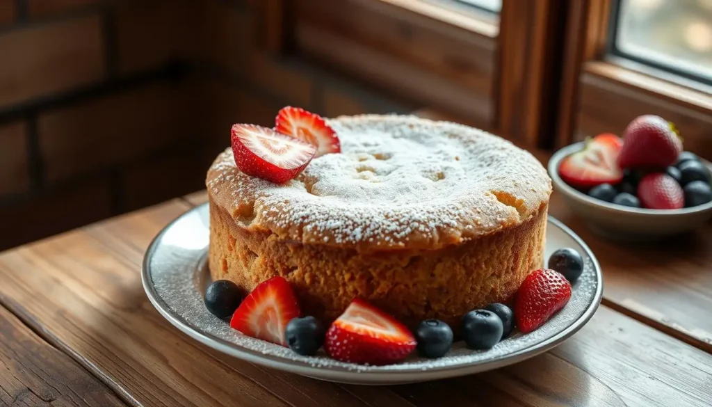 A delectable keto yogurt cake, freshly baked with a golden-brown crust, sits atop a rustic wooden table. The cake's moist, crumbly texture is accentuated by a light dusting of powdered erythritol. Sliced strawberries and blueberries adorn the plate, their vibrant colors contrasting with the cake's neutral tones. Soft, natural lighting emanates from a window, casting a warm glow over the scene. The atmosphere exudes a sense of healthful indulgence, inviting the viewer to savor the keto-friendly dessert's delicious and nourishing qualities. A-delectable-keto-yogurt-cake-freshly-baked-with-a-golden-brown-crust-sits-atop-a-rustic