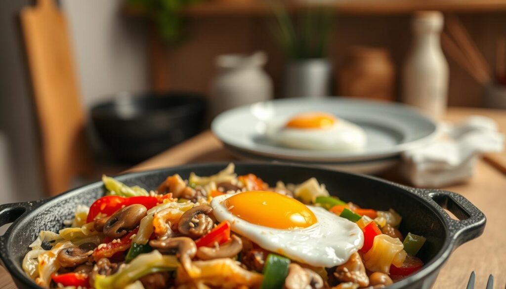 A delectable low-carb dinner scene unfolds before the viewer's eyes. In the foreground, a vibrant mixture of sautéed vegetables - crisp cabbage, tender mushrooms, and juicy bell peppers - sizzles in a cast-iron skillet under warm, golden lighting. Garnished with a sprinkle of sesame seeds and a drizzle of savory sauce, the dish exudes an aroma that tantalizes the senses. In the middle ground, a plate rests, awaiting the veggie-packed mixture, accompanied by a perfectly cooked, protein-rich egg. The background features a minimalist, rustic kitchen setting, with natural wooden accents and a hint of greenery, creating a serene and inviting atmosphere for this nutritious and satisfying low-carb meal. A delectable low-carb dinner scene unfolds before the viewer's eyes. In the foreground, a vibrant mixture of sautéed vegetables - crisp cabbage, tender mushrooms, and juicy bell peppers - sizzles in a cast-iron skillet under warm, golden lighting. Garnished with a sprinkle of sesame seeds and a drizzle of savory sauce, the dish exudes an aroma that tantalizes the senses. In the middle ground, a plate rests, awaiting the veggie-packed mixture, accompanied by a perfectly cooked, protein-rich egg. The background features a minimalist, rustic kitchen setting, with natural wooden accents and a hint of greenery, creating a serene and inviting atmosphere for this nutritious and satisfying low-carb meal.
