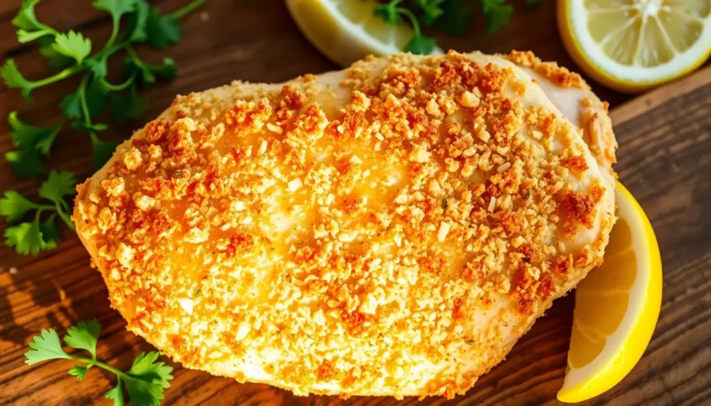 A delectable parmesan-crusted chicken dish, its golden-brown crust glistening under warm, natural lighting. The chicken rests on a rustic wooden surface, complemented by a sprinkling of fresh parsley and lemon wedges. The composition creates a sense of effortless elegance, inviting the viewer to envision themselves enjoying this quick, satisfying dinner. The image captures the essence of the "Parmesan Crusted Chicken" recipe, drawing the viewer into the "Introduction to Your Parmesan Crusted Chicken Journey". A-delectable-parmesan-crusted-chicken-dish-its-golden-brown-crust-glistening-under-warm