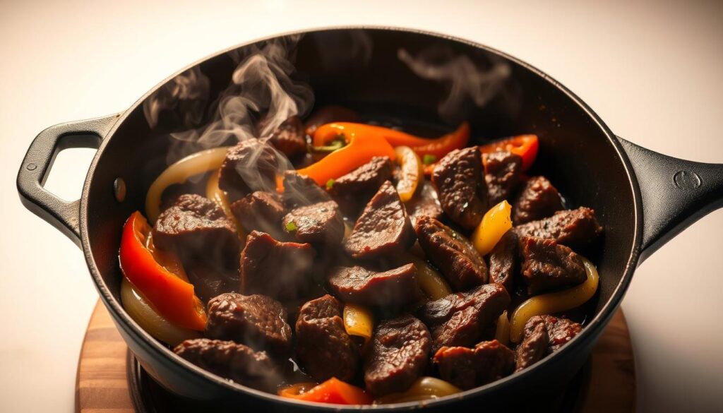 A delectable pepper steak dish, sizzling in a cast-iron skillet under the warm glow of overhead lighting. Tender slices of beef, seared to perfection, are nestled among vibrant bell peppers and onions, their colors a feast for the eyes. The steam rises, hinting at the savory aromas to come. The scene is framed by a clean, minimalist background, allowing the dish to take center stage. The overall atmosphere is one of rustic elegance, capturing the essence of a classic pepper steak recipe in a visually captivating way. A delectable pepper steak dish, sizzling in a cast-iron skillet under the warm glow of overhead lighting. Tender slices of beef, seared to perfection, are nestled among vibrant bell peppers and onions, their colors a feast for the eyes. The steam rises, hinting at the savory aromas to come. The scene is framed by a clean, minimalist background, allowing the dish to take center stage. The overall atmosphere is one of rustic elegance, capturing the essence of a classic pepper steak recipe in a visually captivating way.