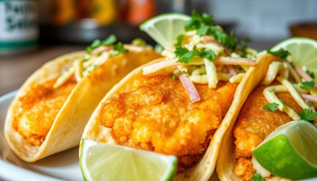 A delectable plate of crispy fish tacos, the golden-brown fillets glistening under the soft kitchen lighting. Tender white flesh encased in a crunchy cornmeal batter, nestled in warm corn tortillas. A vibrant crown of cilantro lime slaw, its fresh greens and zesty dressing complementing the fish's savory flavors. Juicy lime wedges and a sprinkle of chopped cilantro add the final touches, creating a visually enticing and mouthwatering scene. Captured from a low angle, the tacos filling the frame and drawing the viewer in, inviting them to imagine the satisfying crunch and tangy, creamy textures of this classic Mexican dish. A delectable plate of crispy fish tacos, the golden-brown fillets glistening under the soft kitchen lighting. Tender white flesh encased in a crunchy cornmeal batter, nestled in warm corn tortillas. A vibrant crown of cilantro lime slaw, its fresh greens and zesty dressing complementing the fish's savory flavors. Juicy lime wedges and a sprinkle of chopped cilantro add the final touches, creating a visually enticing and mouthwatering scene. Captured from a low angle, the tacos filling the frame and drawing the viewer in, inviting them to imagine the satisfying crunch and tangy, creamy textures of this classic Mexican dish.