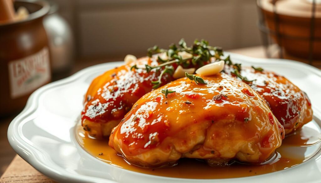 A delectable plate of honey garlic chicken breasts, sizzling golden-brown under the warm glow of a soft overhead light. The juicy, tender meat is coated in a glossy, caramelized honey-garlic glaze, tinted with a hint of amber. Freshly chopped garlic and aromatic thyme leaves are scattered atop, adding depth and complexity to the flavors. The chicken is arranged artfully on a pristine white ceramic dish, set against a subtly blurred background that suggests a cozy, inviting kitchen. The overall composition creates a mouthwatering, appetizing scene that perfectly captures the essence of the "Honey Garlic Chicken Breasts" dish. A delectable plate of honey garlic chicken breasts, sizzling golden-brown under the warm glow of a soft overhead light. The juicy, tender meat is coated in a glossy, caramelized honey-garlic glaze, tinted with a hint of amber. Freshly chopped garlic and aromatic thyme leaves are scattered atop, adding depth and complexity to the flavors. The chicken is arranged artfully on a pristine white ceramic dish, set against a subtly blurred background that suggests a cozy, inviting kitchen. The overall composition creates a mouthwatering, appetizing scene that perfectly captures the essence of the "Honey Garlic Chicken Breasts" dish.