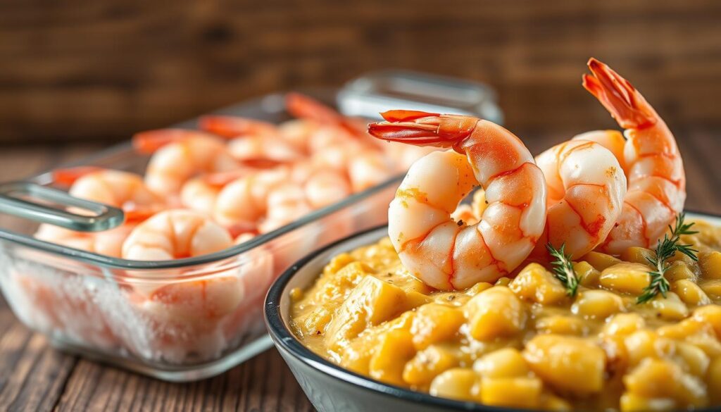 A delectable still life showcasing the contrast between fresh and frozen shrimp in a tempting casserole. In the foreground, juicy, plump fresh shrimp nestled atop a creamy, golden-brown casserole, adorned with aromatic herbs. In the middle ground, a chilled glass dish reveals the icy, firm texture of the frozen shrimp, their vivid pink hues shimmering under the soft, diffused lighting. The background features a rustic wooden tabletop, lending a cozy, homey atmosphere to the scene. Captured with a shallow depth of field, the image draws the viewer's attention to the key ingredients that make this shrimp casserole so mouthwatering and irresistible. A delectable still life showcasing the contrast between fresh and frozen shrimp in a tempting casserole. In the foreground, juicy, plump fresh shrimp nestled atop a creamy, golden-brown casserole, adorned with aromatic herbs. In the middle ground, a chilled glass dish reveals the icy, firm texture of the frozen shrimp, their vivid pink hues shimmering under the soft, diffused lighting. The background features a rustic wooden tabletop, lending a cozy, homey atmosphere to the scene. Captured with a shallow depth of field, the image draws the viewer's attention to the key ingredients that make this shrimp casserole so mouthwatering and irresistible.