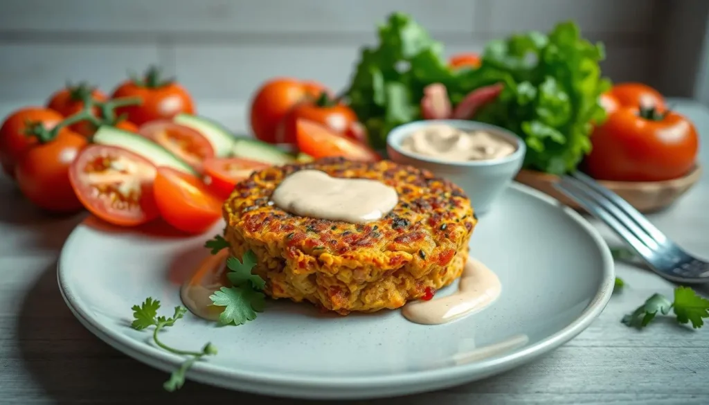 A delectable vegan dinner scene, featuring a vibrant red lentil fritter at the center. Soft lighting casts a warm glow, highlighting the crisp golden exterior and the fluffy, nutrient-rich interior. Surrounding the fritter are an array of fresh, colorful vegetables – juicy tomatoes, crunchy cucumbers, and leafy greens. A drizzle of creamy tahini sauce adds a savory touch, complementing the earthy flavors of the lentils. The scene is set against a minimalist, modern kitchen backdrop, with clean lines and neutral tones, emphasizing the simplicity and ease of this nutritious meal. The overall composition is balanced and visually appealing, inviting the viewer to savor the satisfying and wholesome nature of this easy vegan dinner. A-delectable-vegan-dinner-scene-featuring-a-vibrant-red-lentil-fritter-at-the-center.-Soft