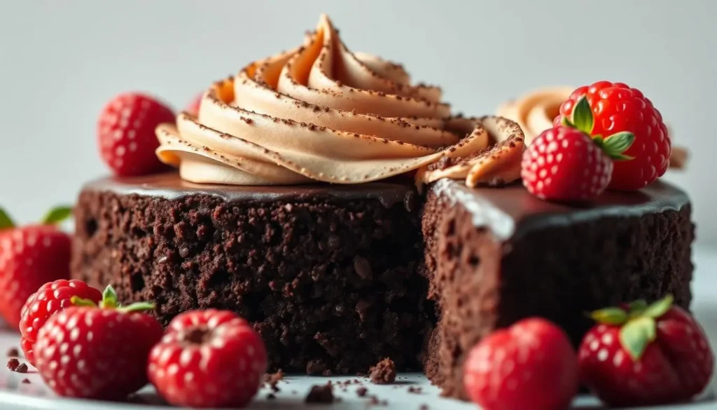 A delectable vegan-friendly dessert takes center stage, its rich chocolate hue glistening under soft, warm lighting. Intricate swirls of creamy frosting crown the moist, crumb-free cake, while fresh berries nestle in the corners, adding pops of color and a tantalizing contrast. The composition is balanced, with a clean, minimalist background that allows the dessert to shine. A sense of indulgence and healthfulness emanate from the scene, inviting the viewer to savor each decadent bite. The overall atmosphere is one of temptation and guilt-free pleasure, perfectly encapsulating the benefits of choosing eggless options. A-delectable-vegan-friendly-dessert-takes-center-stage-its-rich-chocolate-hue-glistening-under
