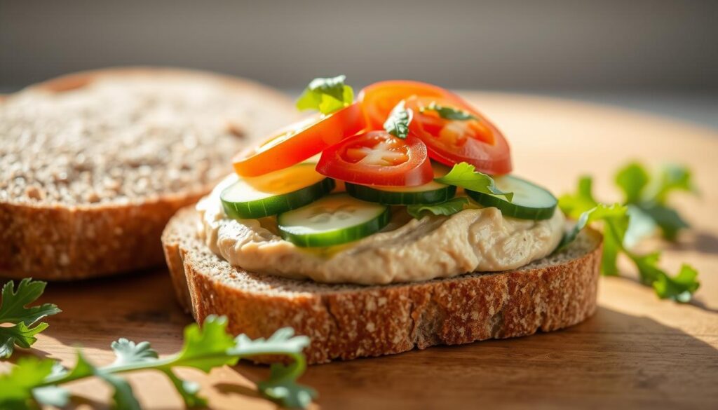A delectable vegan hummus sandwich nestled on a freshly-baked whole grain bread, the creamy hummus spread generously over the surface, topped with vibrant sliced cucumbers, juicy tomatoes, and crisp lettuce leaves. The lighting is soft and natural, casting a warm glow over the scene, emphasizing the appetizing textures and colors. Captured from a slightly elevated angle, the composition showcases the sandwich's inviting layers and the attention to detail in its assembly. The overall mood is one of simplicity, wholesomeness, and the celebration of plant-based ingredients.