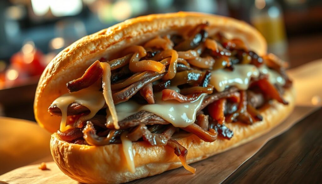 A delicious Philly cheese steak, with thinly sliced tender beef, melted Provolone cheese, sautéed onions, and peppers, all piled high on a soft, toasted hoagie roll. The scene is captured in a warm, golden light that highlights the gooey, stringy cheese and the caramelized edges of the meat. The camera angle is low, bringing the viewer up close to the sandwich, emphasizing the textural details and the inviting aroma. The background is slightly blurred, keeping the focus on the main subject - a mouthwatering Philly cheese steak that beckons to be devoured. A delicious Philly cheese steak, with thinly sliced tender beef, melted Provolone cheese, sautéed onions, and peppers, all piled high on a soft, toasted hoagie roll. The scene is captured in a warm, golden light that highlights the gooey, stringy cheese and the caramelized edges of the meat. The camera angle is low, bringing the viewer up close to the sandwich, emphasizing the textural details and the inviting aroma. The background is slightly blurred, keeping the focus on the main subject - a mouthwatering Philly cheese steak that beckons to be devoured.