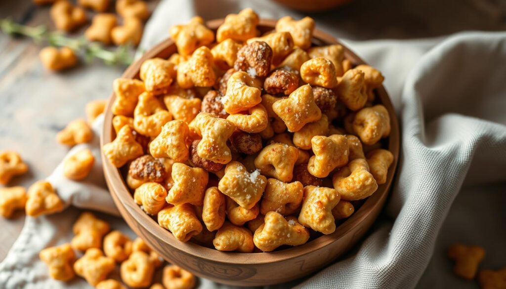 A delightful arrangement of crunchy Chex cereal pieces, coated in a warm, fragrant blend of melted butter, brown sugar, and a hint of cinnamon. The mix is sprinkled with a touch of sea salt, creating a captivating balance of sweet and savory flavors. The image is captured in soft, natural lighting, highlighting the golden hue of the toasted Chex and the glistening sugar coating. The foreground features the mix in a rustic wooden bowl, placed atop a linen cloth, conveying a cozy, homemade atmosphere. In the background, a scattering of additional Chex pieces and a few sprigs of fresh thyme add depth and visual interest, complementing the overall aesthetic. The resulting image exudes a mouthwatering, inviting charm that perfectly encapsulates the "Perfect Balance of Sweet and Savory Flavors" within the Cinnamon Sugar Sweet and Salty Chex Mix. A delightful arrangement of crunchy Chex cereal pieces, coated in a warm, fragrant blend of melted butter, brown sugar, and a hint of cinnamon. The mix is sprinkled with a touch of sea salt, creating a captivating balance of sweet and savory flavors. The image is captured in soft, natural lighting, highlighting the golden hue of the toasted Chex and the glistening sugar coating. The foreground features the mix in a rustic wooden bowl, placed atop a linen cloth, conveying a cozy, homemade atmosphere. In the background, a scattering of additional Chex pieces and a few sprigs of fresh thyme add depth and visual interest, complementing the overall aesthetic. The resulting image exudes a mouthwatering, inviting charm that perfectly encapsulates the "Perfect Balance of Sweet and Savory Flavors" within the Cinnamon Sugar Sweet and Salty Chex Mix.