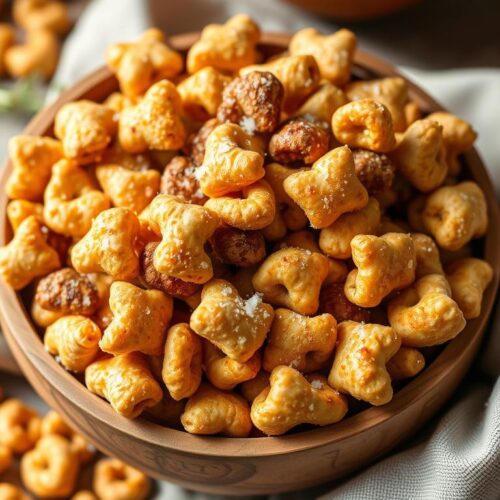 A delightful arrangement of crunchy Chex cereal pieces, coated in a warm, fragrant blend of melted butter, brown sugar, and a hint of cinnamon. The mix is sprinkled with a touch of sea salt, creating a captivating balance of sweet and savory flavors. The image is captured in soft, natural lighting, highlighting the golden hue of the toasted Chex and the glistening sugar coating. The foreground features the mix in a rustic wooden bowl, placed atop a linen cloth, conveying a cozy, homemade atmosphere. In the background, a scattering of additional Chex pieces and a few sprigs of fresh thyme add depth and visual interest, complementing the overall aesthetic. The resulting image exudes a mouthwatering, inviting charm that perfectly encapsulates the "Perfect Balance of Sweet and Savory Flavors" within the Cinnamon Sugar Sweet and Salty Chex Mix.