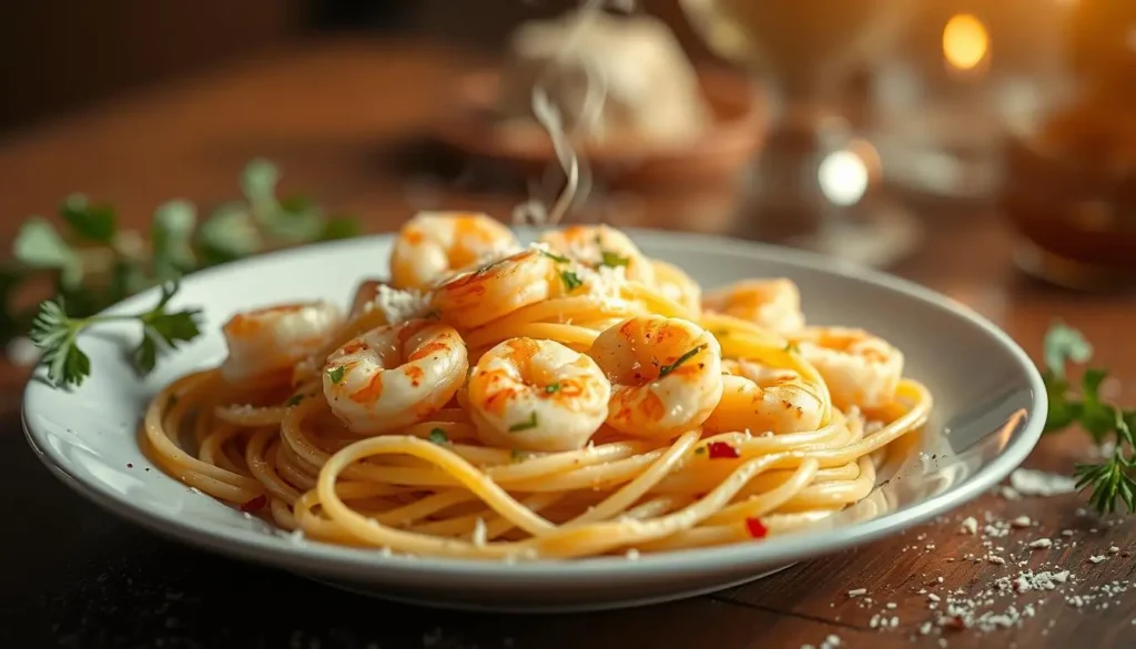 A delightful plate of steaming, al dente pasta twirls among plump, juicy shrimp in a creamy, garlic-infused sauce. The dish is framed by fresh herbs, grated parmesan, and a scattering of crushed red pepper flakes, creating a visually captivating and mouthwatering scene. Soft, warm lighting casts a romantic glow, while a shallow depth of field puts the "marry me" proposal in the foreground, inviting the viewer to imagine the intimate, special moment. The composition is designed to evoke feelings of love, comfort, and indulgence, perfectly capturing the essence of the "Marry Me Shrimp Pasta" dish. A-delightful-plate-of-steaming-al-dente-pasta-twirls-among-plump-juicy-shrimp-in-a-creamy