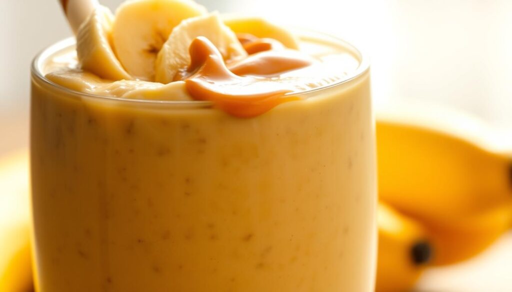 A detailed close-up of a peanut butter banana smoothie, with a vibrant and creamy texture, illuminated by soft natural lighting. The smoothie fills the frame, with a thick and luscious consistency, topped with sliced bananas and a drizzle of peanut butter. The background is blurred, providing a clean and minimalist setting that emphasizes the smoothie's nutritional value and health benefits. The image has a warm, inviting tone, capturing the smoothie's rich, creamy, and wholesome qualities. A detailed close-up of a peanut butter banana smoothie, with a vibrant and creamy texture, illuminated by soft natural lighting. The smoothie fills the frame, with a thick and luscious consistency, topped with sliced bananas and a drizzle of peanut butter. The background is blurred, providing a clean and minimalist setting that emphasizes the smoothie's nutritional value and health benefits. The image has a warm, inviting tone, capturing the smoothie's rich, creamy, and wholesome qualities.