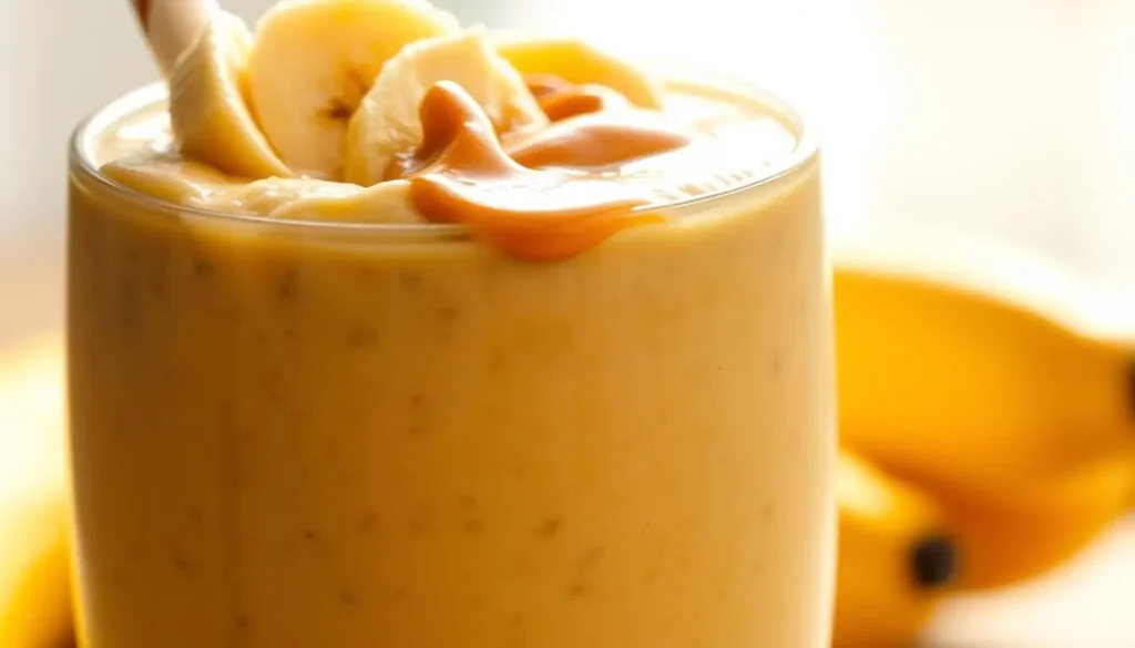 A detailed close-up of a peanut butter banana smoothie, with a vibrant and creamy texture, illuminated by soft natural lighting. The smoothie fills the frame, with a thick and luscious consistency, topped with sliced bananas and a drizzle of peanut butter. The background is blurred, providing a clean and minimalist setting that emphasizes the smoothie's nutritional value and health benefits. The image has a warm, inviting tone, capturing the smoothie's rich, creamy, and wholesome qualities. A-detailed-close-up-of-a-peanut-butter-banana-smoothie-with-a-vibrant-and-creamy-texture