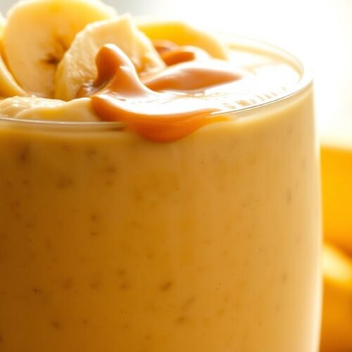 A detailed close-up of a peanut butter banana smoothie, with a vibrant and creamy texture, illuminated by soft natural lighting. The smoothie fills the frame, with a thick and luscious consistency, topped with sliced bananas and a drizzle of peanut butter. The background is blurred, providing a clean and minimalist setting that emphasizes the smoothie's nutritional value and health benefits. The image has a warm, inviting tone, capturing the smoothie's rich, creamy, and wholesome qualities.