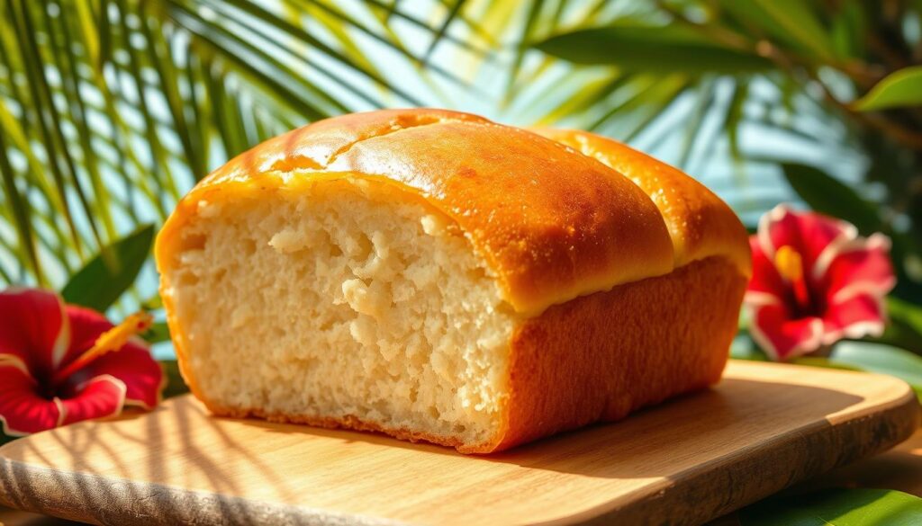 A freshly baked Hawaiian sweet bread, its golden crust shimmering under warm, natural lighting. The soft, pillowy loaf rests on a rustic wooden cutting board, surrounded by a lush tropical backdrop of swaying palm fronds and vibrant hibiscus flowers. The aroma of vanilla, butter, and just-cooked bread wafts through the air, creating a welcoming and inviting atmosphere. The image is captured from a slightly elevated angle, allowing the viewer to appreciate the bread's soft, fluffy interior and the delicate texture of the crust. This image perfectly captures the essence of the traditional Hawaiian sweet bread, evoking a sense of island paradise and the comforting allure of homemade baking. A freshly baked Hawaiian sweet bread, its golden crust shimmering under warm, natural lighting. The soft, pillowy loaf rests on a rustic wooden cutting board, surrounded by a lush tropical backdrop of swaying palm fronds and vibrant hibiscus flowers. The aroma of vanilla, butter, and just-cooked bread wafts through the air, creating a welcoming and inviting atmosphere. The image is captured from a slightly elevated angle, allowing the viewer to appreciate the bread's soft, fluffy interior and the delicate texture of the crust. This image perfectly captures the essence of the traditional Hawaiian sweet bread, evoking a sense of island paradise and the comforting allure of homemade baking.